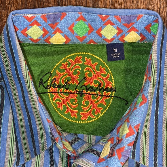 Robert Graham Long Sleeve Blue/Green Pinstriped Embroidered Flower Shirt-Sz M - Picture 2 of 13